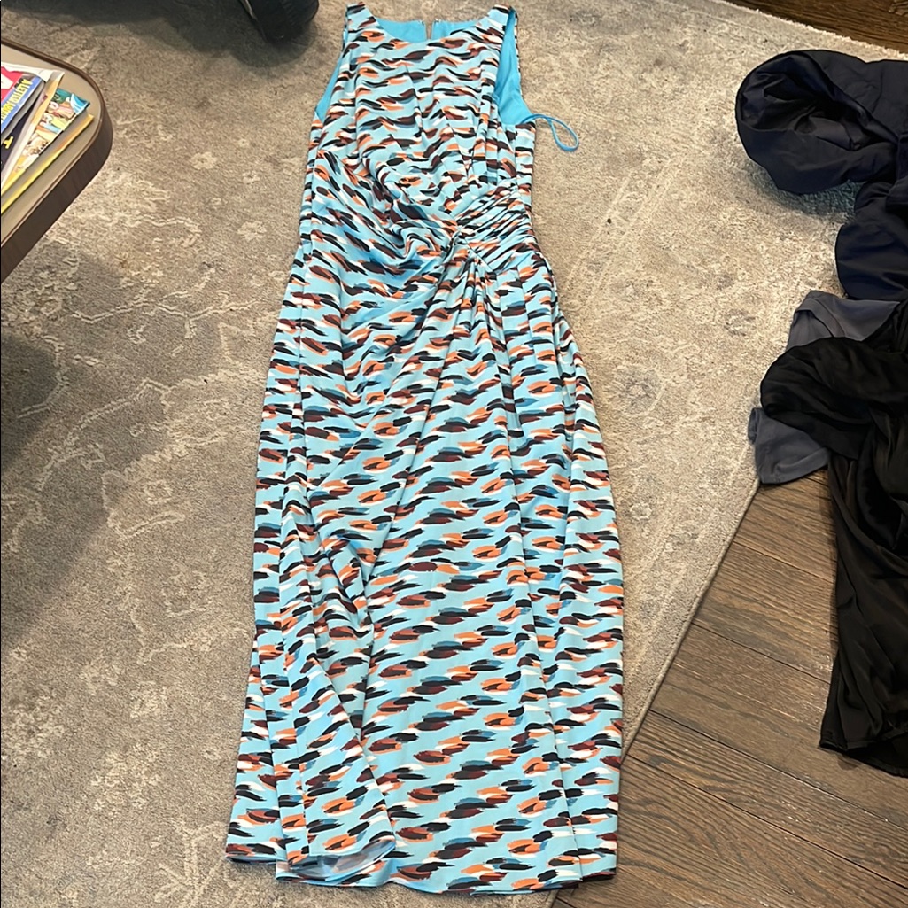 Blue And Orange Patterned Sleeveless Dress/Gown